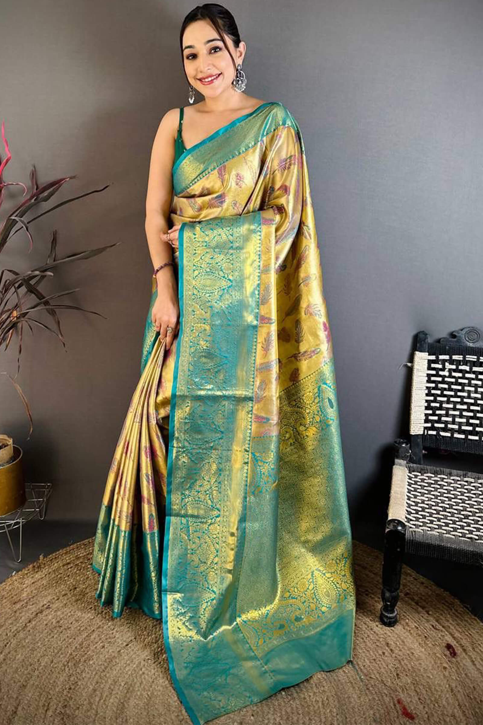 Gossamer Golden Kanjivaram Silk Saree With Lustrous Blouse Piece