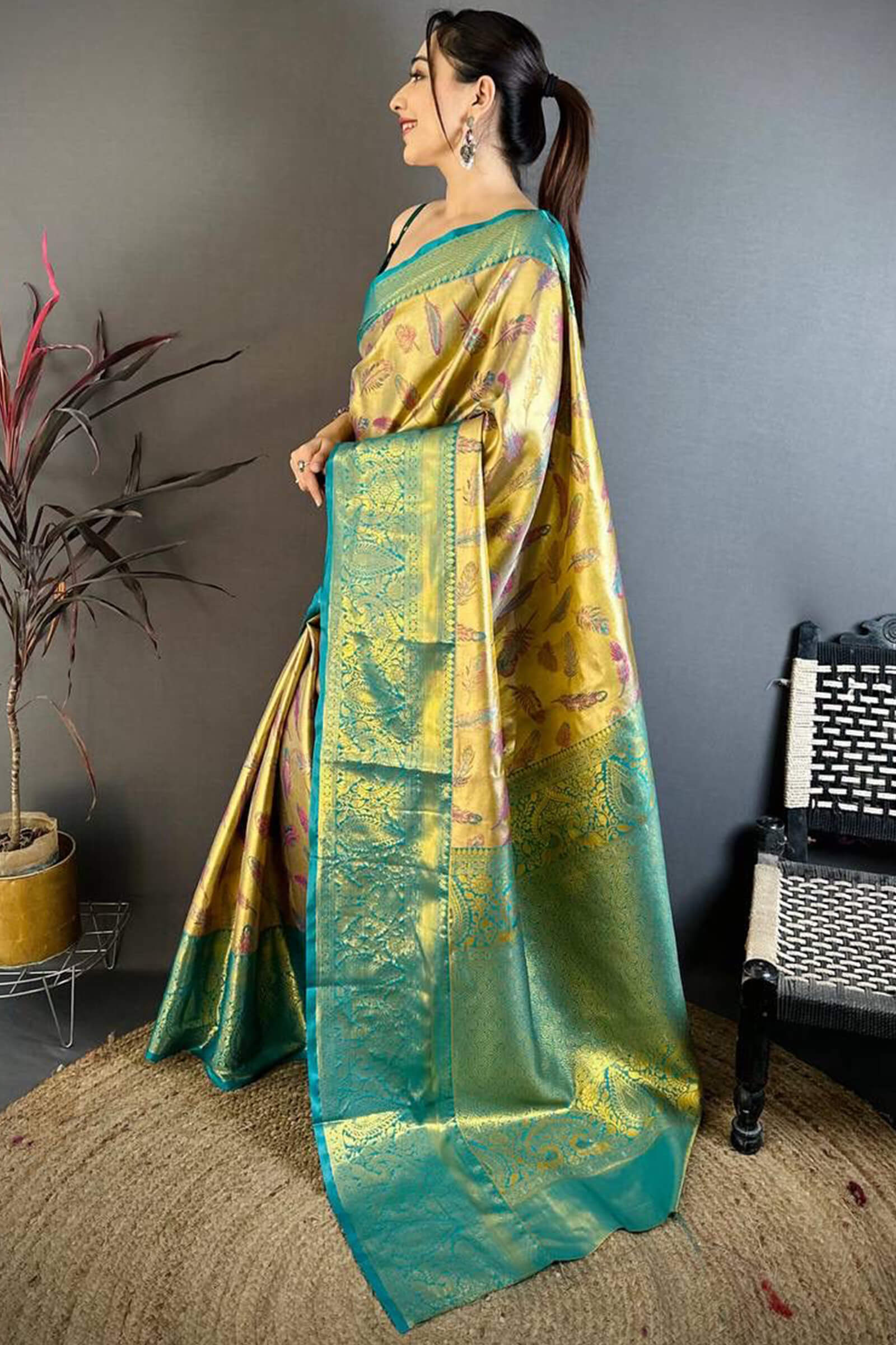 Gossamer Golden Kanjivaram Silk Saree With Lustrous Blouse Piece