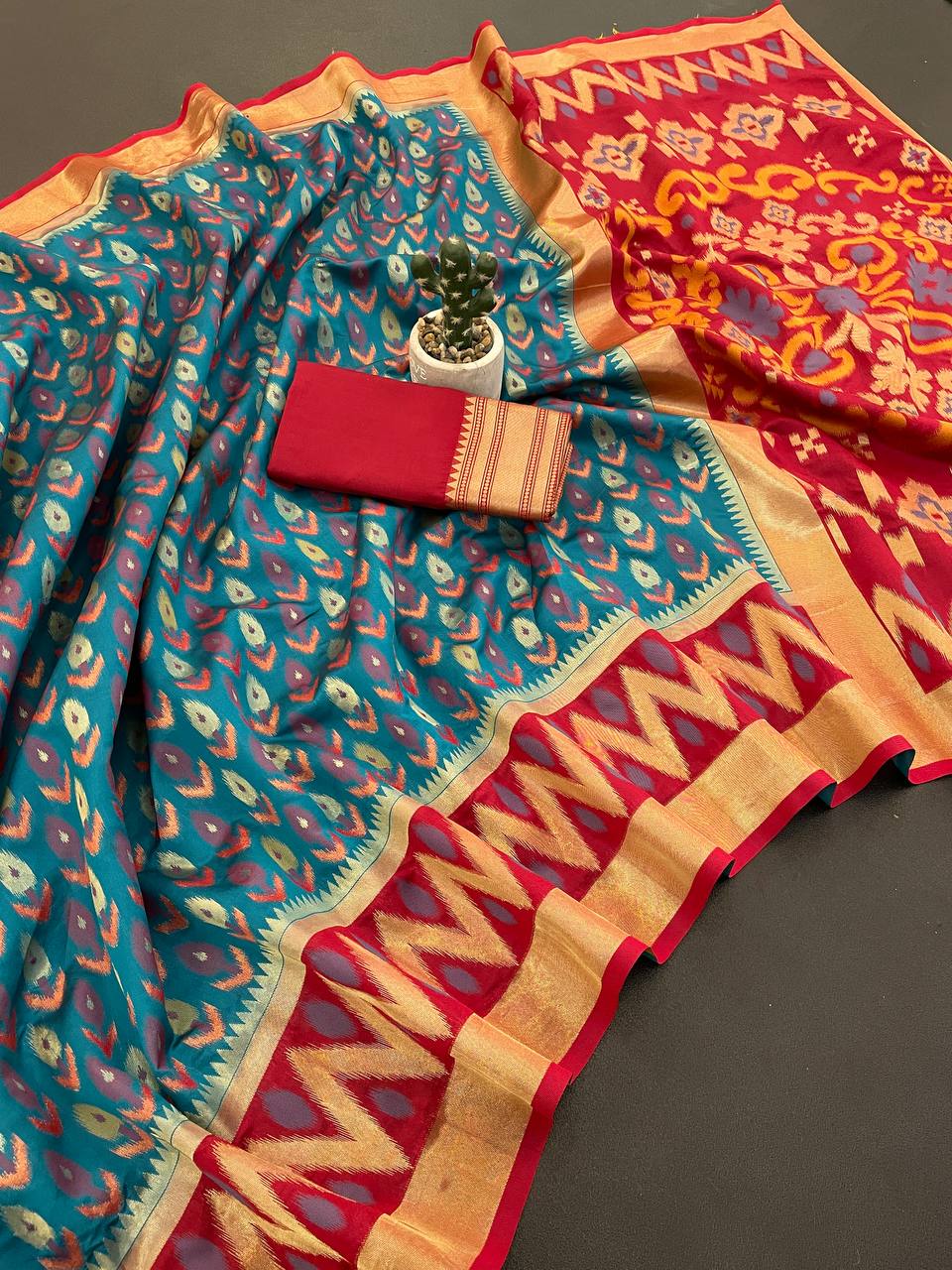 Supernal Firozi Banarasi Ikkat Silk Saree With Refreshing Blouse Piece