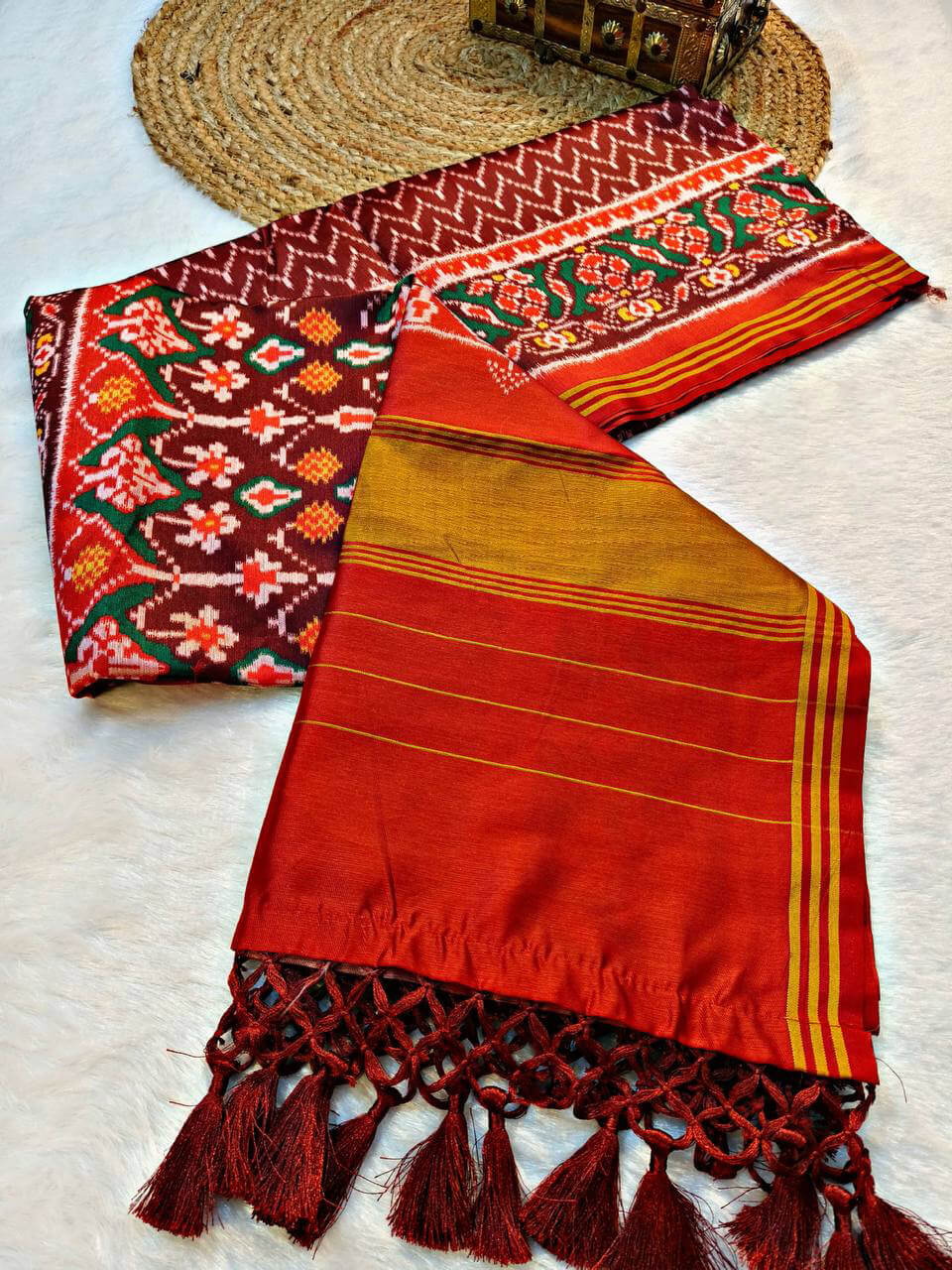 Ornate Maroon Patola Lagdi Patta Saree With Arresting Blouse Piece