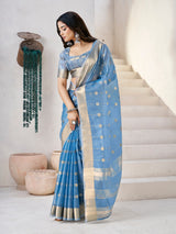 Bucolic Blue Zari Weaving Linen Silk Saree With Appealing Blouse Piece