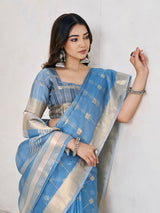 Bucolic Blue Zari Weaving Linen Silk Saree With Appealing Blouse Piece