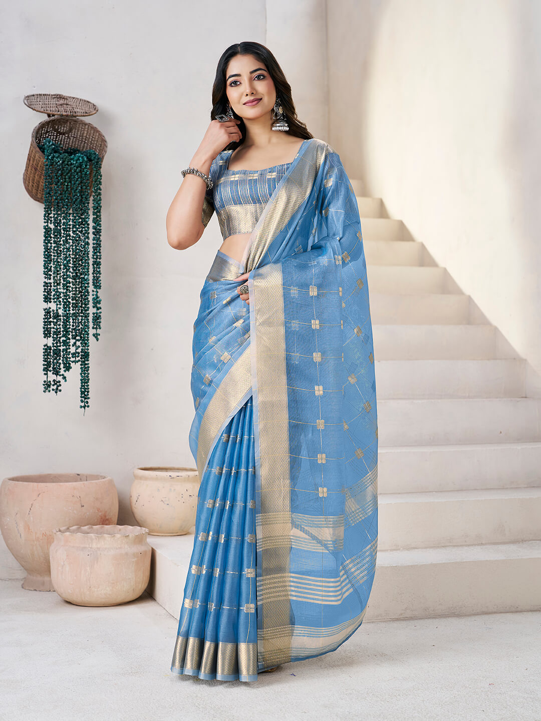 Bucolic Blue Zari Weaving Linen Silk Saree With Appealing Blouse Piece