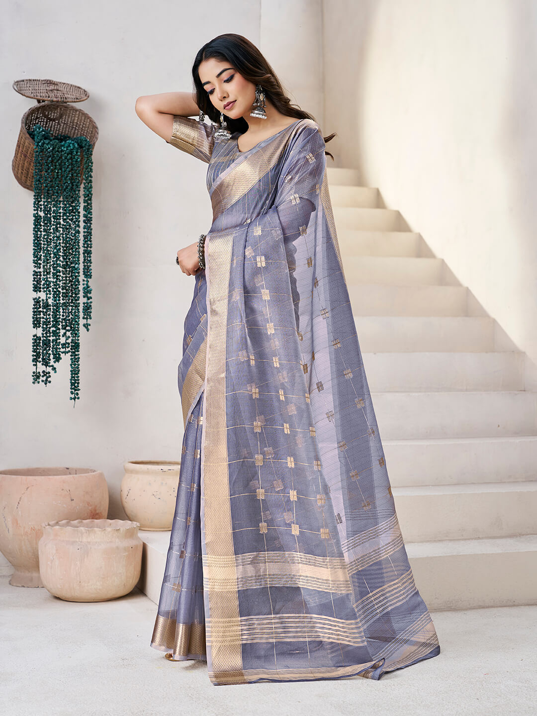 Extraordinary Grey Zari Weaving Linen Silk Saree With Dissemble Blouse Piece