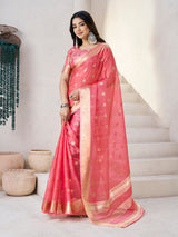 Admirable Pink Zari Weaving Linen Silk Saree With Chatoyant Blouse Piece
