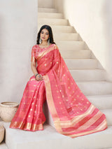 Admirable Pink Zari Weaving Linen Silk Saree With Chatoyant Blouse Piece
