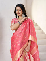 Admirable Pink Zari Weaving Linen Silk Saree With Chatoyant Blouse Piece