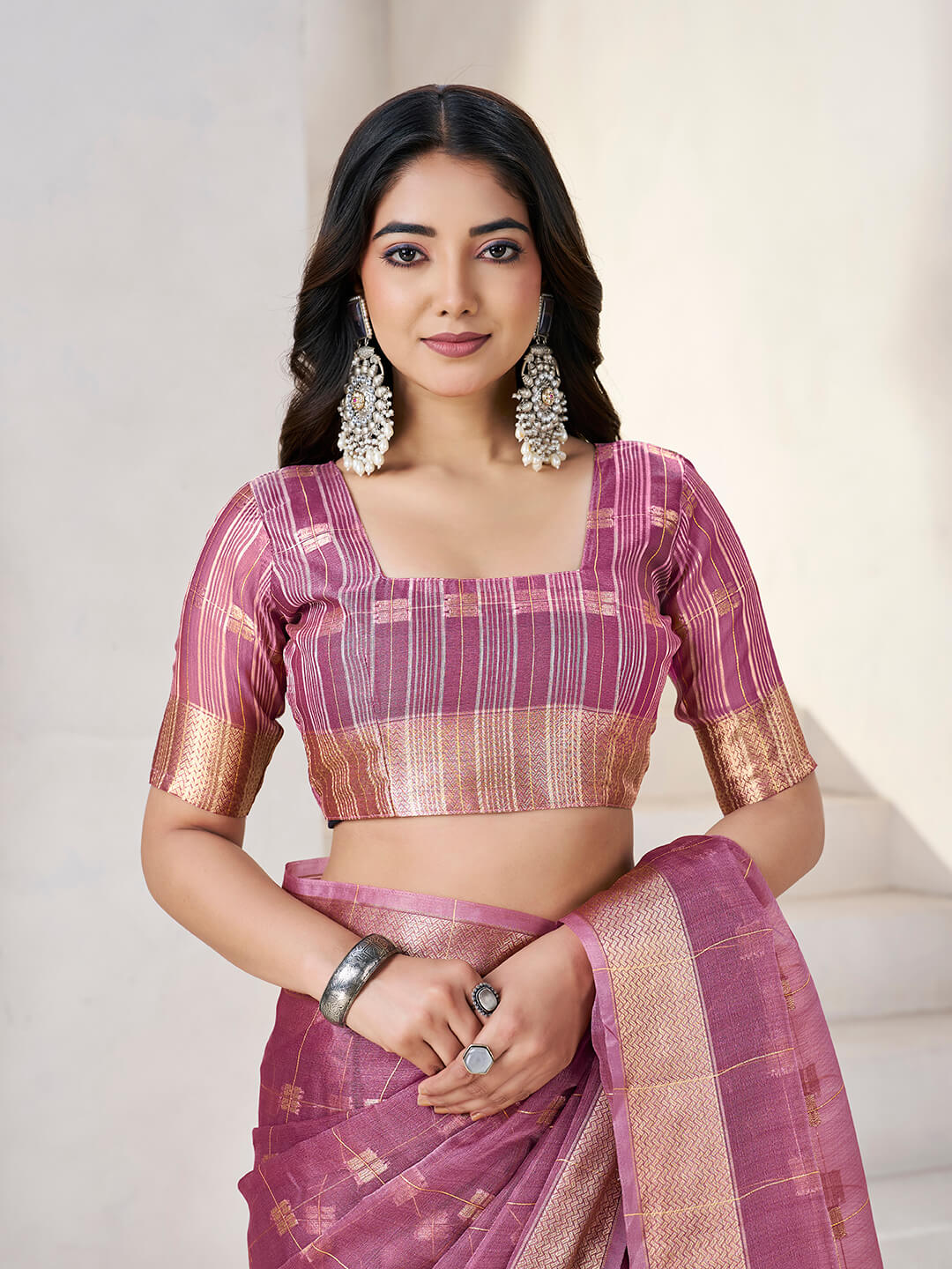 Magnificat Wine Zari Weaving Linen Silk Saree With Rhapsody Blouse Piece