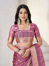 Magnificat Wine Zari Weaving Linen Silk Saree With Rhapsody Blouse Piece