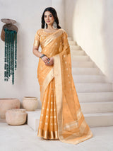 Profuse Yellow Zari Weaving Linen Silk Saree With Enchanting Blouse Piece