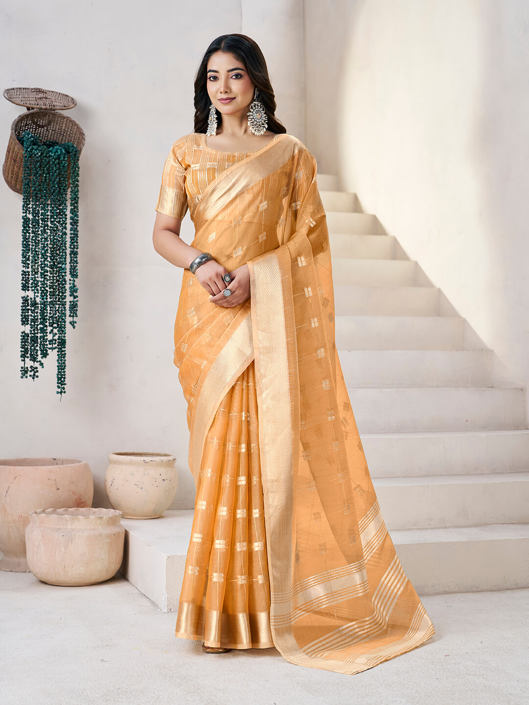 Profuse Yellow Zari Weaving Linen Silk Saree With Enchanting Blouse Piece