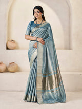 Whimsical Blue Zari Weaving Linen Silk Saree With Enthralling Blouse Piece