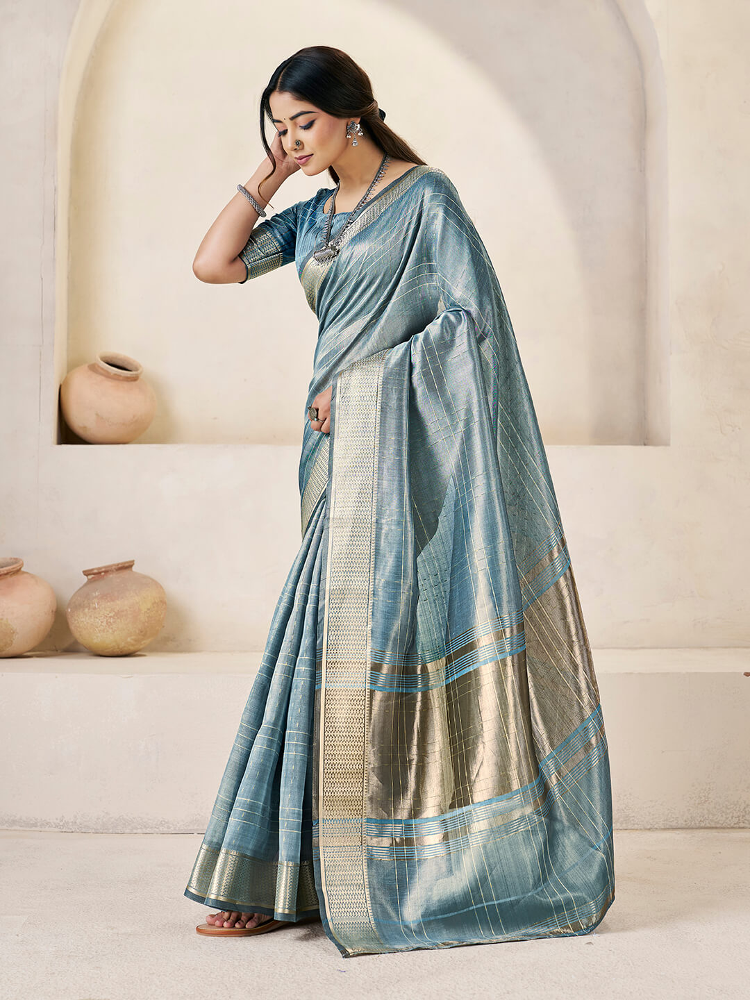 Whimsical Blue Zari Weaving Linen Silk Saree With Enthralling Blouse Piece