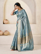 Whimsical Blue Zari Weaving Linen Silk Saree With Enthralling Blouse Piece