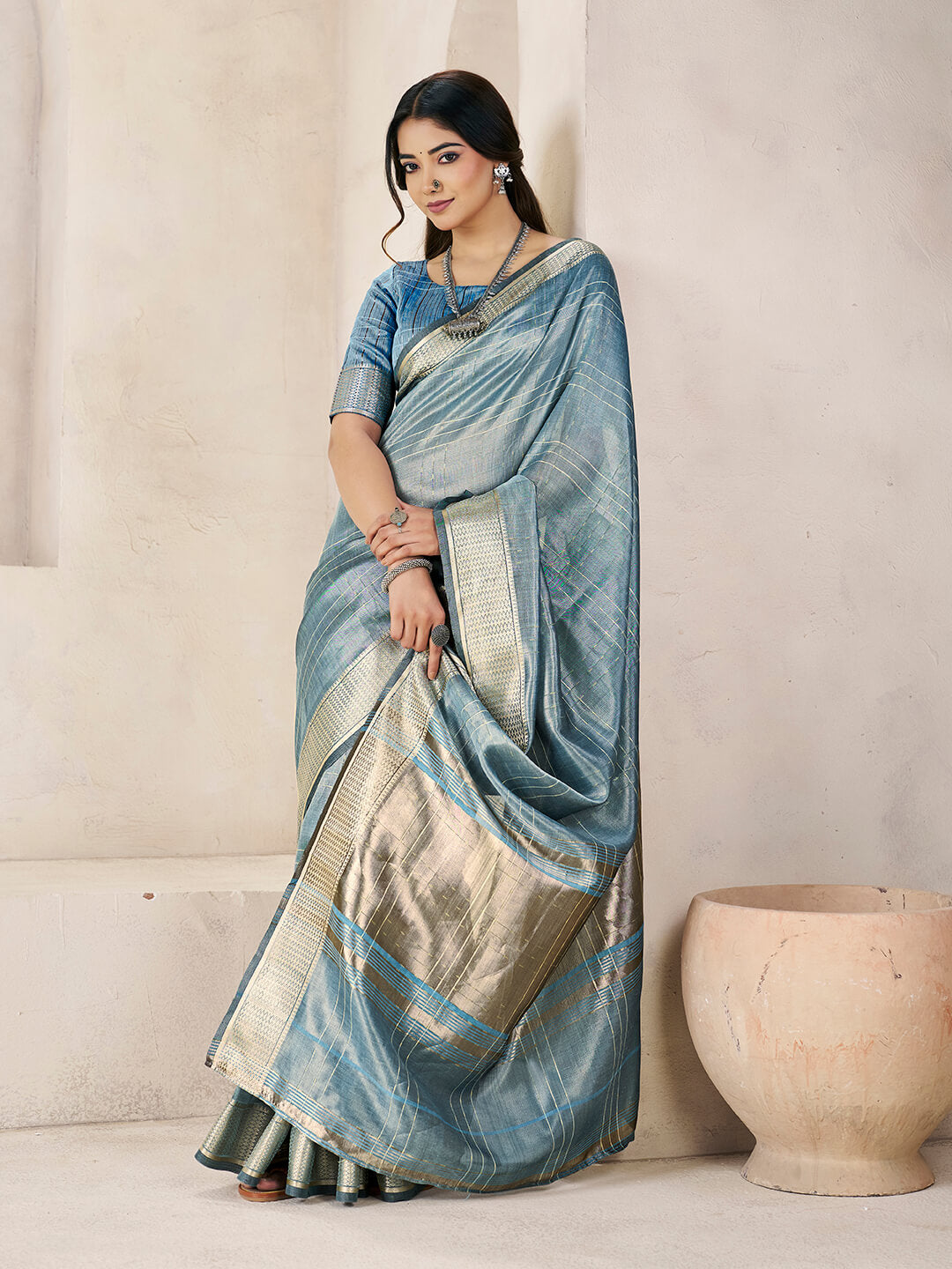 Whimsical Blue Zari Weaving Linen Silk Saree With Enthralling Blouse Piece
