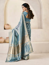 Whimsical Blue Zari Weaving Linen Silk Saree With Enthralling Blouse Piece