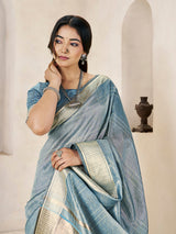 Whimsical Blue Zari Weaving Linen Silk Saree With Enthralling Blouse Piece