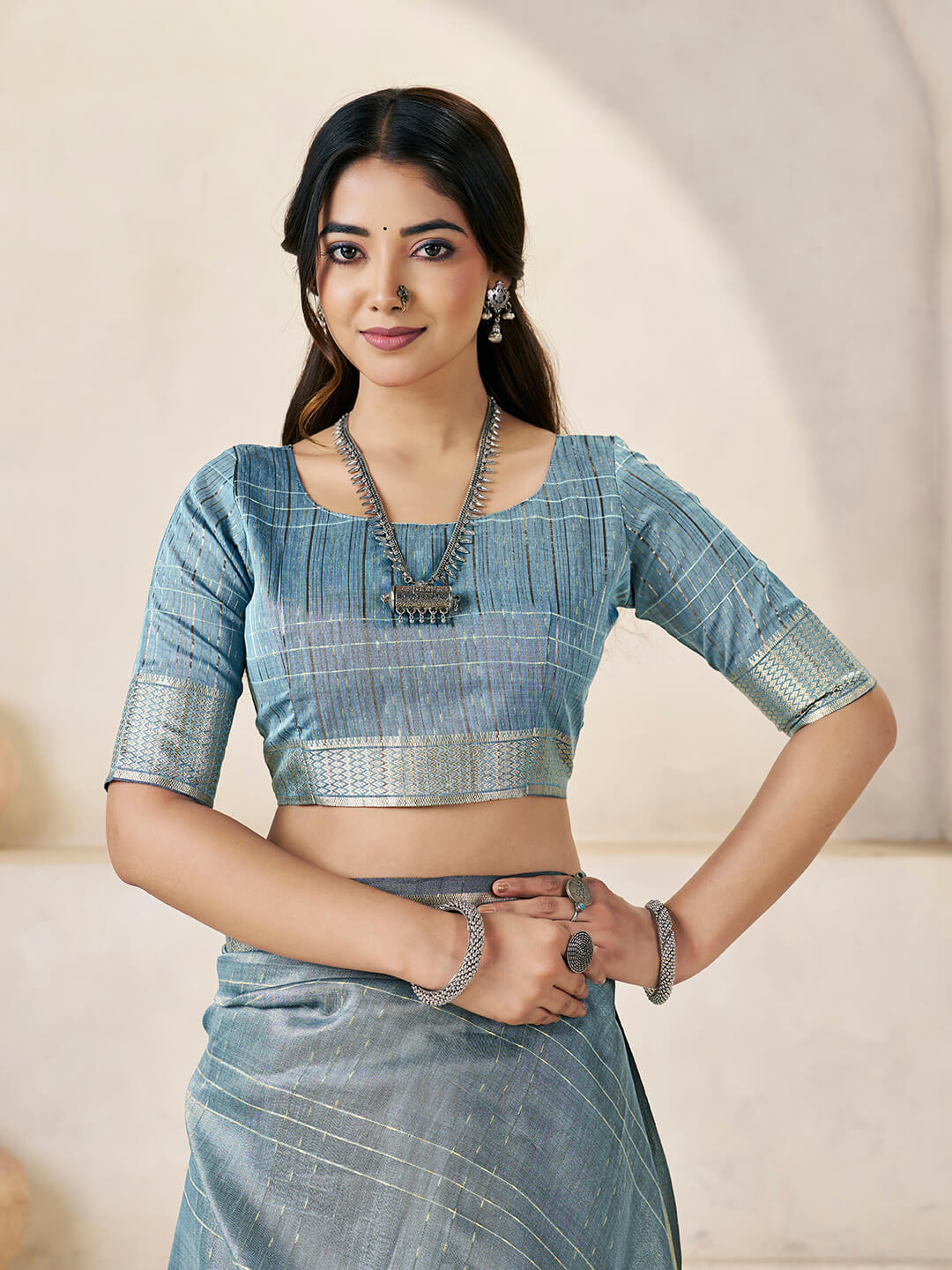 Whimsical Blue Zari Weaving Linen Silk Saree With Enthralling Blouse Piece