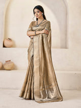 Marvellous Brown Zari Weaving Linen Silk Saree With Smart Blouse Piece