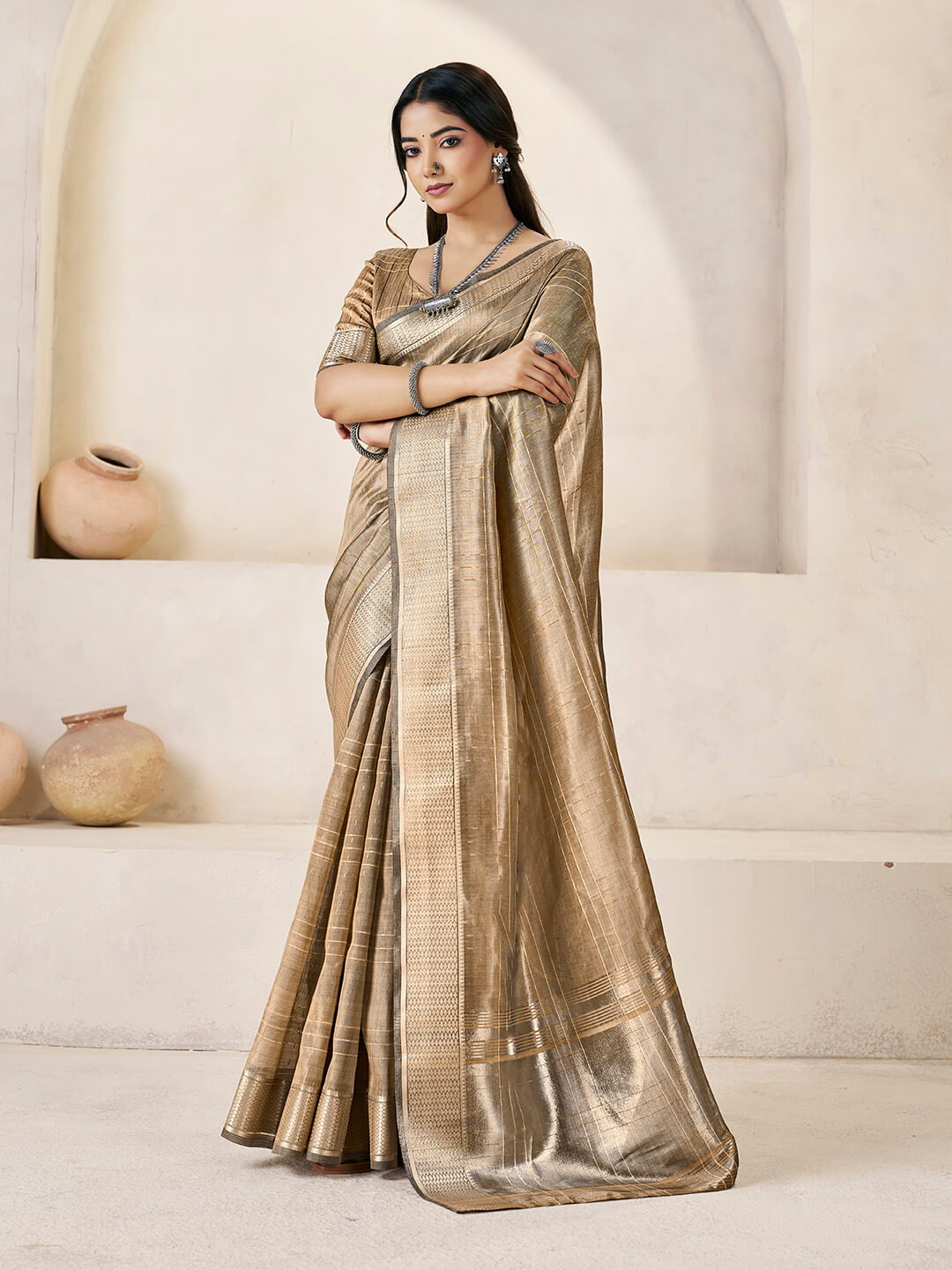 Marvellous Brown Zari Weaving Linen Silk Saree With Smart Blouse Piece