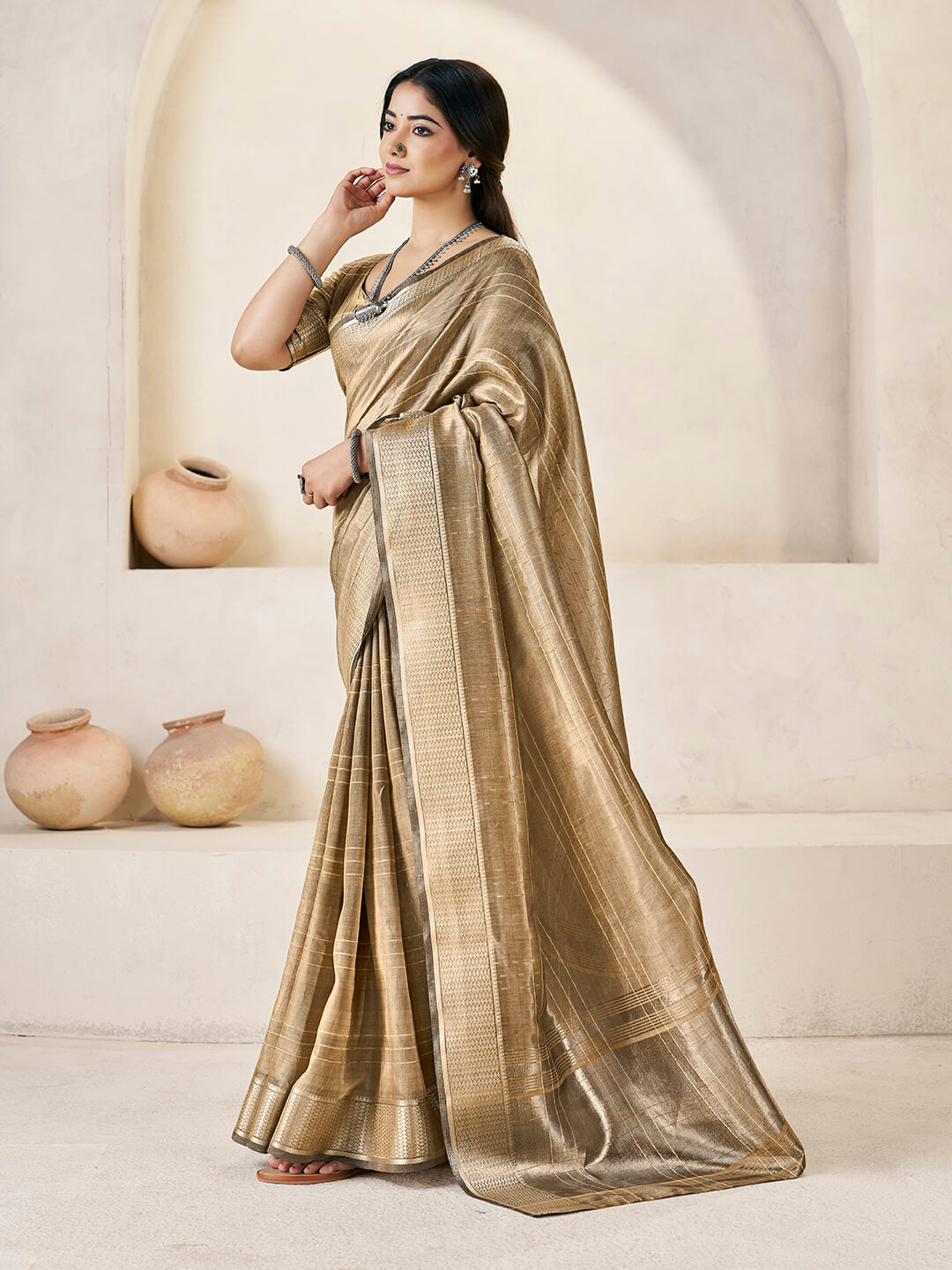 Marvellous Brown Zari Weaving Linen Silk Saree With Smart Blouse Piece