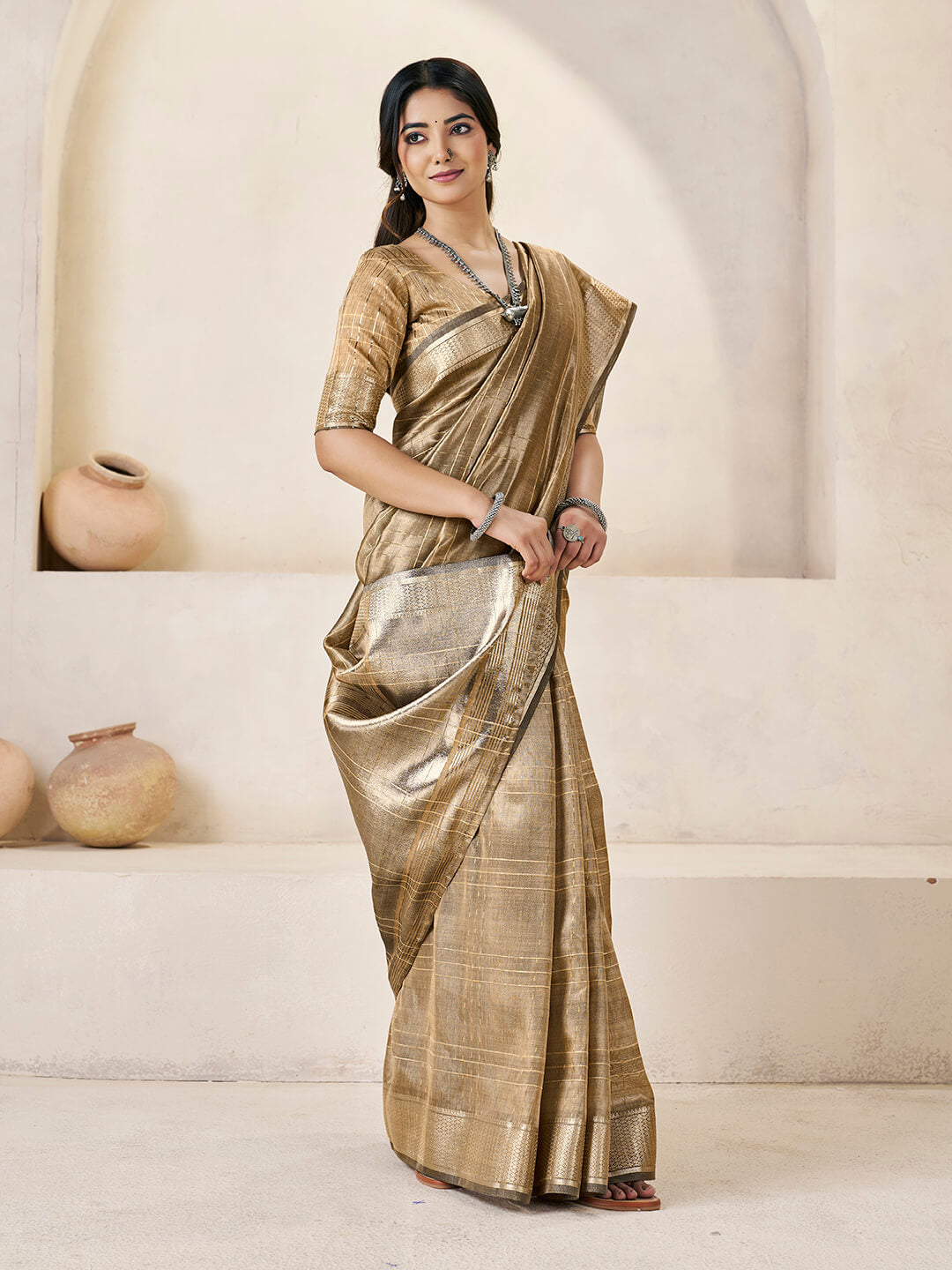 Marvellous Brown Zari Weaving Linen Silk Saree With Smart Blouse Piece