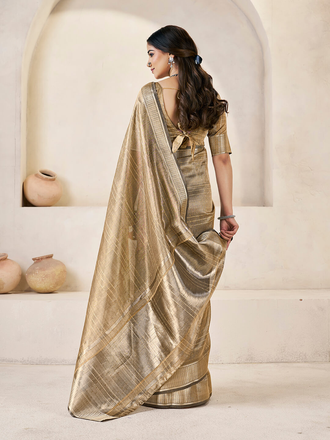 Marvellous Brown Zari Weaving Linen Silk Saree With Smart Blouse Piece