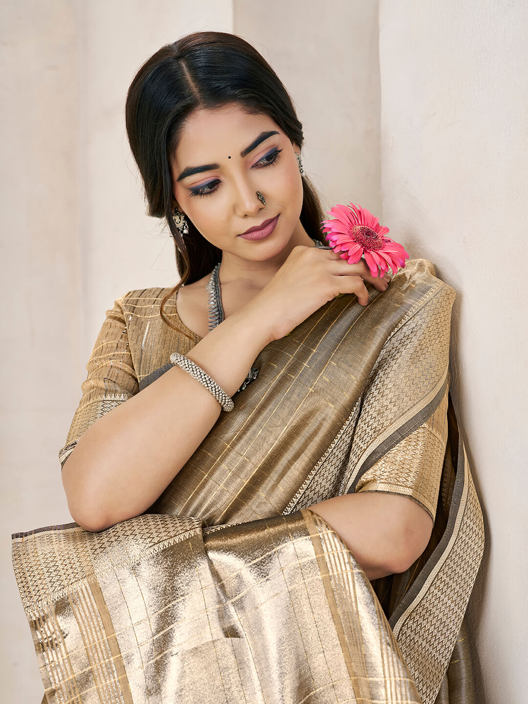 Marvellous Brown Zari Weaving Linen Silk Saree With Smart Blouse Piece