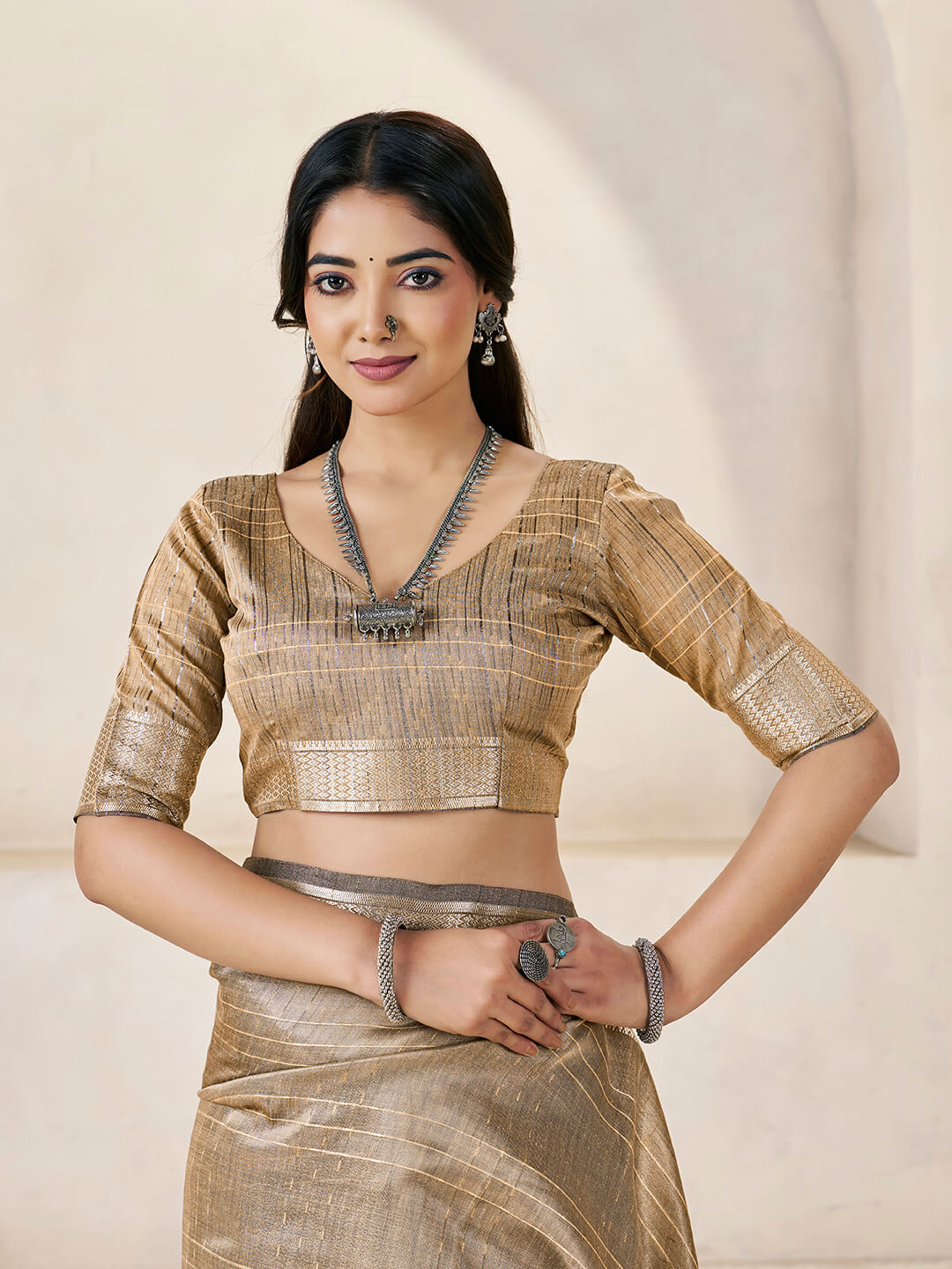Marvellous Brown Zari Weaving Linen Silk Saree With Smart Blouse Piece