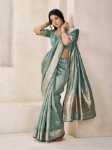Entrancing Green Zari Weaving Linen Silk Saree With Invaluable Blouse Piece