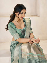 Entrancing Green Zari Weaving Linen Silk Saree With Invaluable Blouse Piece