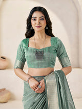Entrancing Green Zari Weaving Linen Silk Saree With Invaluable Blouse Piece