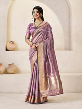 Magnetic Lavender Zari Weaving Linen Silk Saree With Capricious Blouse Piece