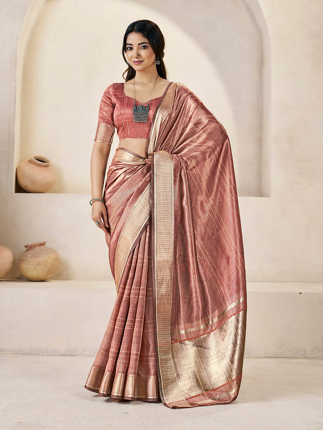 Charming Peach Zari Weaving Linen Silk Saree With Opulent Blouse Piece