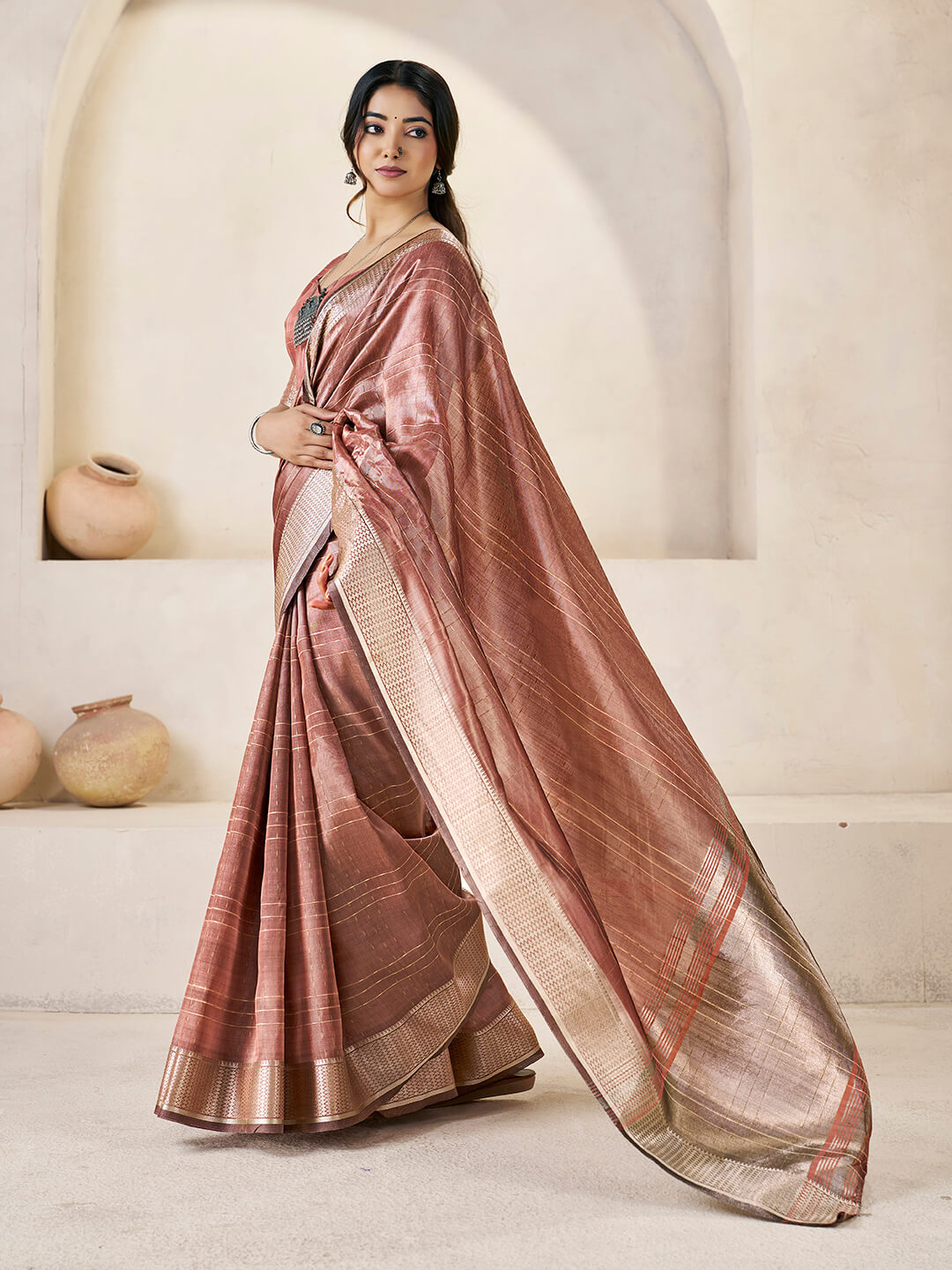 Charming Peach Zari Weaving Linen Silk Saree With Opulent Blouse Piece