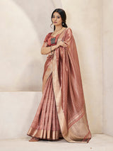 Charming Peach Zari Weaving Linen Silk Saree With Opulent Blouse Piece