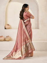 Charming Peach Zari Weaving Linen Silk Saree With Opulent Blouse Piece