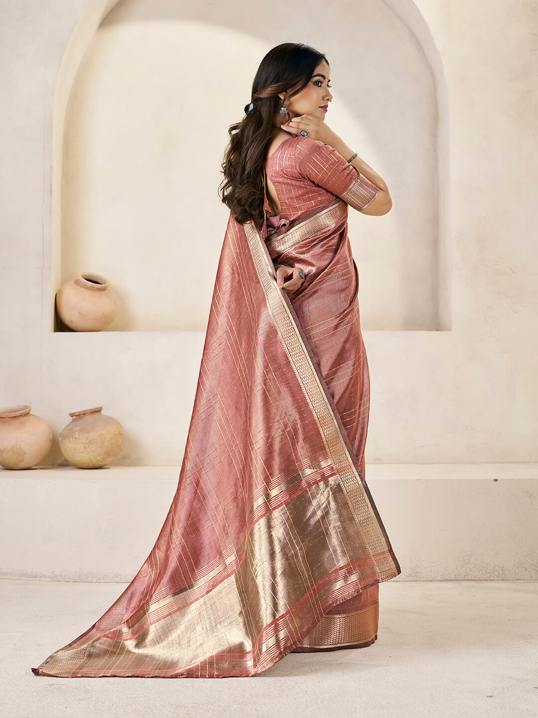 Charming Peach Zari Weaving Linen Silk Saree With Opulent Blouse Piece