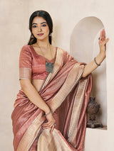 Charming Peach Zari Weaving Linen Silk Saree With Opulent Blouse Piece