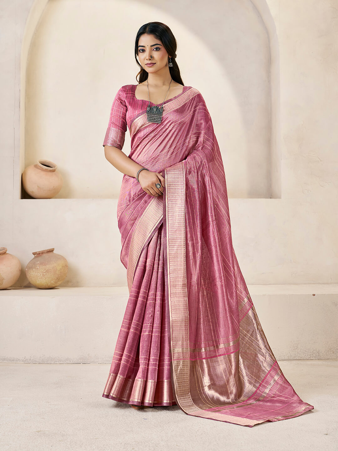 Lagniappe Pink Zari Weaving Linen Silk Saree With Improbable Blouse Piece