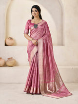 Lagniappe Pink Zari Weaving Linen Silk Saree With Improbable Blouse Piece