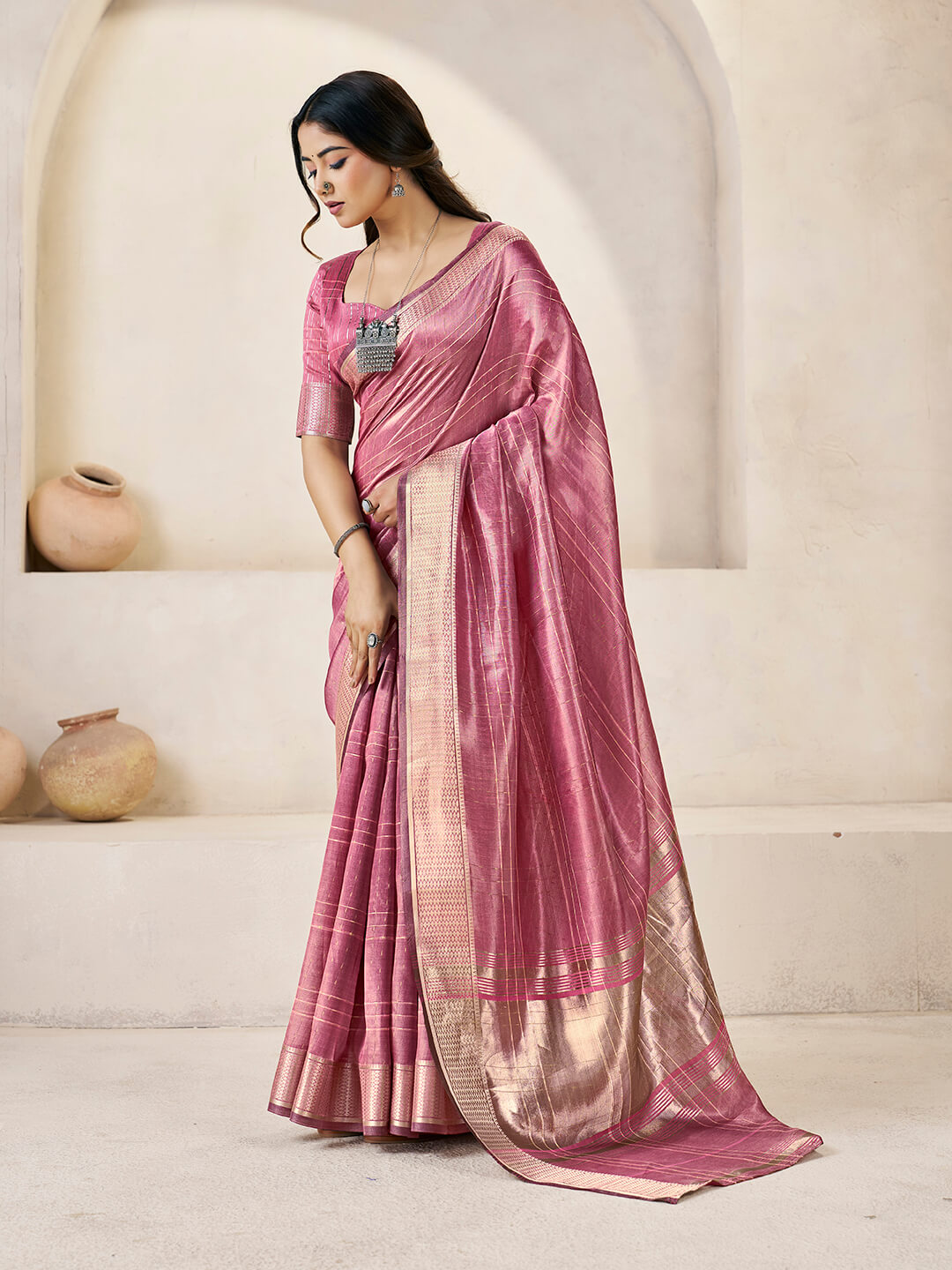 Lagniappe Pink Zari Weaving Linen Silk Saree With Improbable Blouse Piece