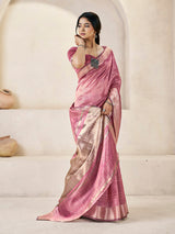 Lagniappe Pink Zari Weaving Linen Silk Saree With Improbable Blouse Piece