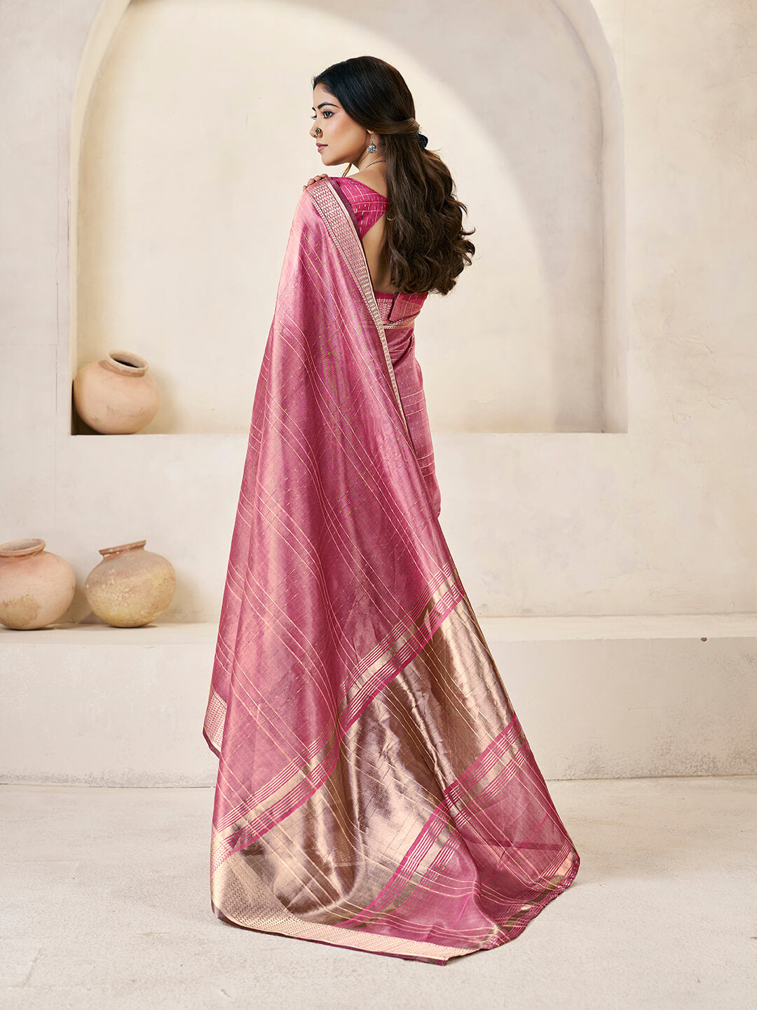 Lagniappe Pink Zari Weaving Linen Silk Saree With Improbable Blouse Piece