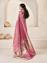 Lagniappe Pink Zari Weaving Linen Silk Saree With Improbable Blouse Piece