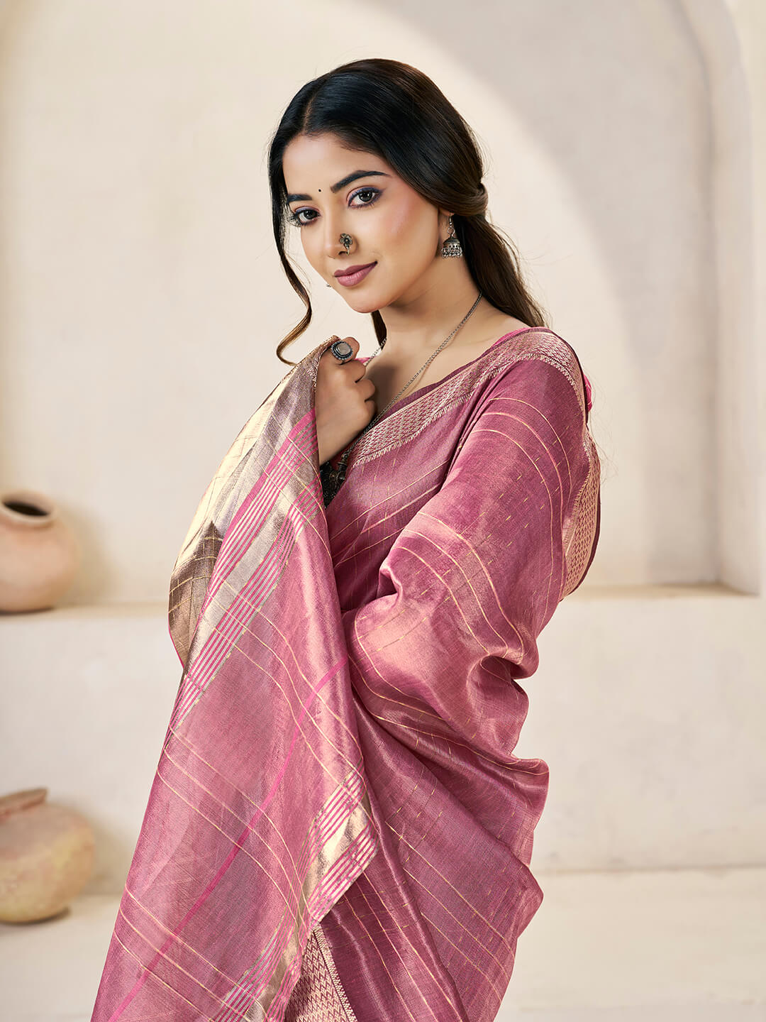 Lagniappe Pink Zari Weaving Linen Silk Saree With Improbable Blouse Piece
