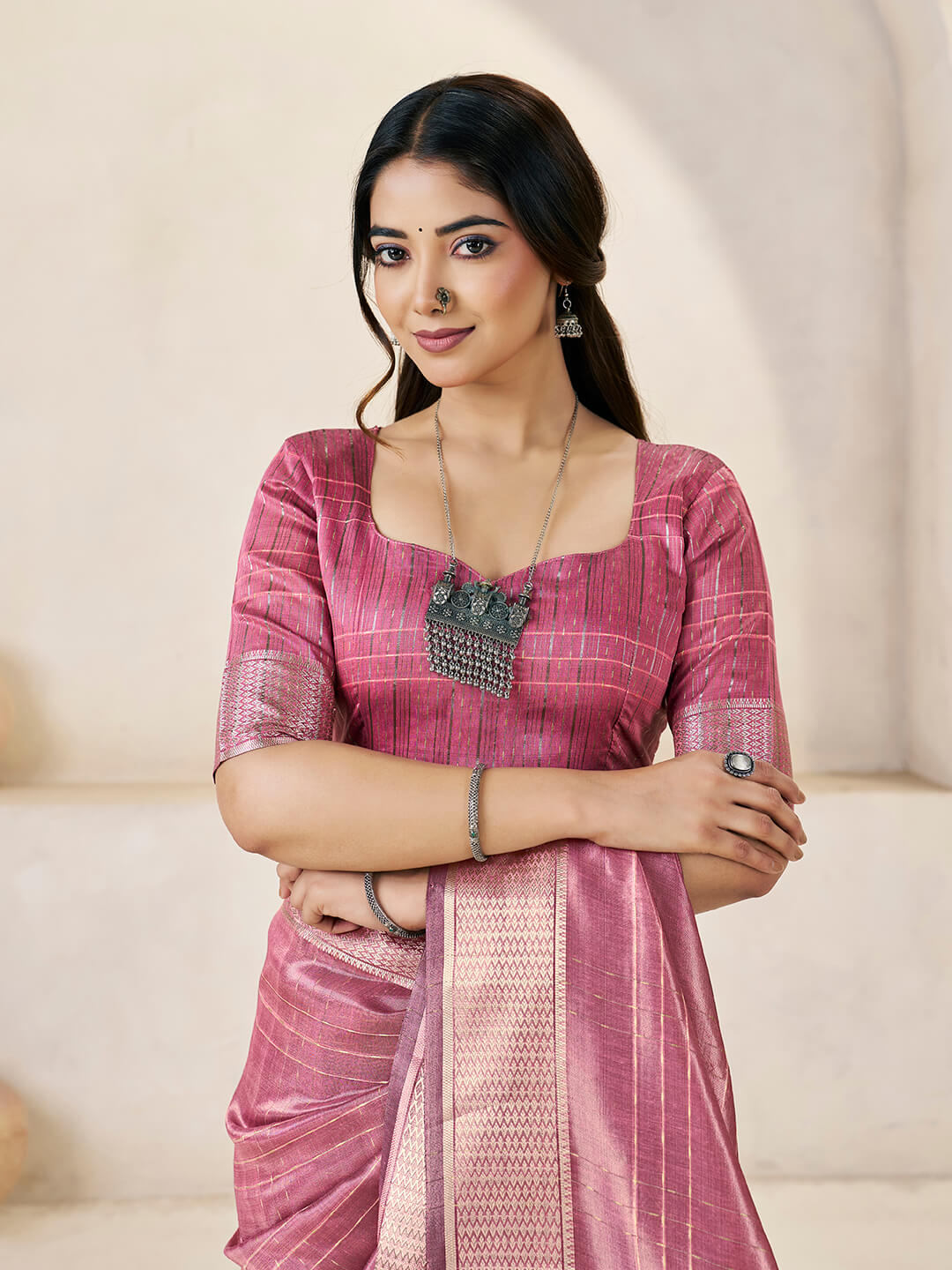Lagniappe Pink Zari Weaving Linen Silk Saree With Improbable Blouse Piece