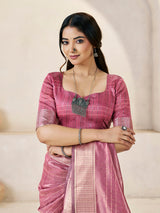 Lagniappe Pink Zari Weaving Linen Silk Saree With Improbable Blouse Piece