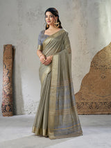 Resplendent Grey Zari Weaving Linen Silk Saree With Splendiferous Blouse Piece