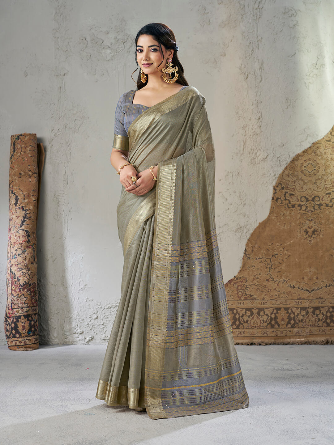 Resplendent Grey Zari Weaving Linen Silk Saree With Splendiferous Blouse Piece